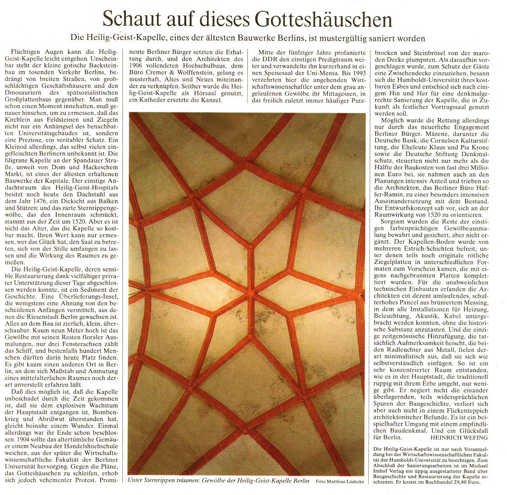 Zeitungsartikel der FAZ zur Sanierung der Heilig-Geist-Kapelle in Berlin-Mitte